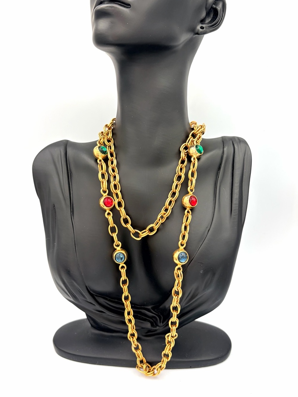 French Couture Gripoix Vintage Multi-Colored Glass 24k Gold Plated Necklace